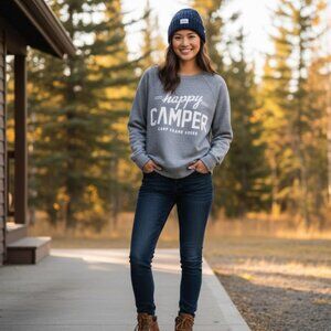 CAMP BRAND GOODS 'Happy Camper' Grey Crew Sweatshirt Womens L Casual Camping